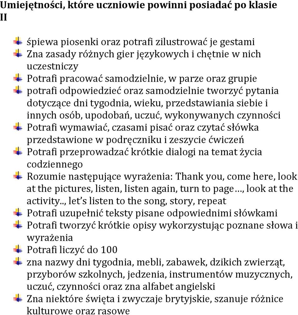 Potrafi wymawiać, czasami pisać oraz czytać słówka przedstawione w podręczniku i zeszycie ćwiczeń Potrafi przeprowadzać krótkie dialogi na temat życia codziennego Rozumie następujące wyrażenia: Thank