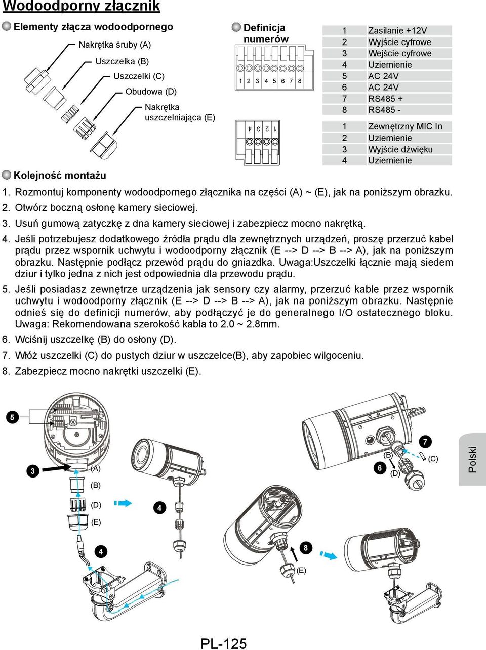 Rozmontuj komponenty wodoodpornego złącznika na części (A) ~ (E), jak na poniższym obrazku. 2. Otwórz boczną osłonę kamery sieciowej.