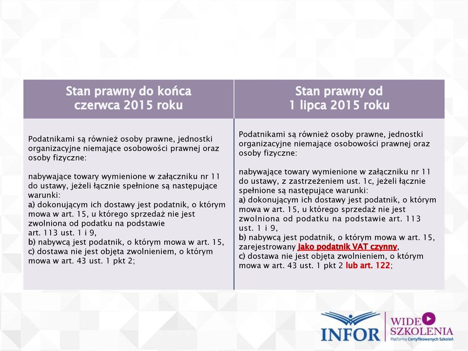 1 i 9, b) nabywcą jest podatnik, o którym mowa w art. 15, c) dostawa nie jest objęta zwolnieniem, o którym mowa w art. 43 ust.