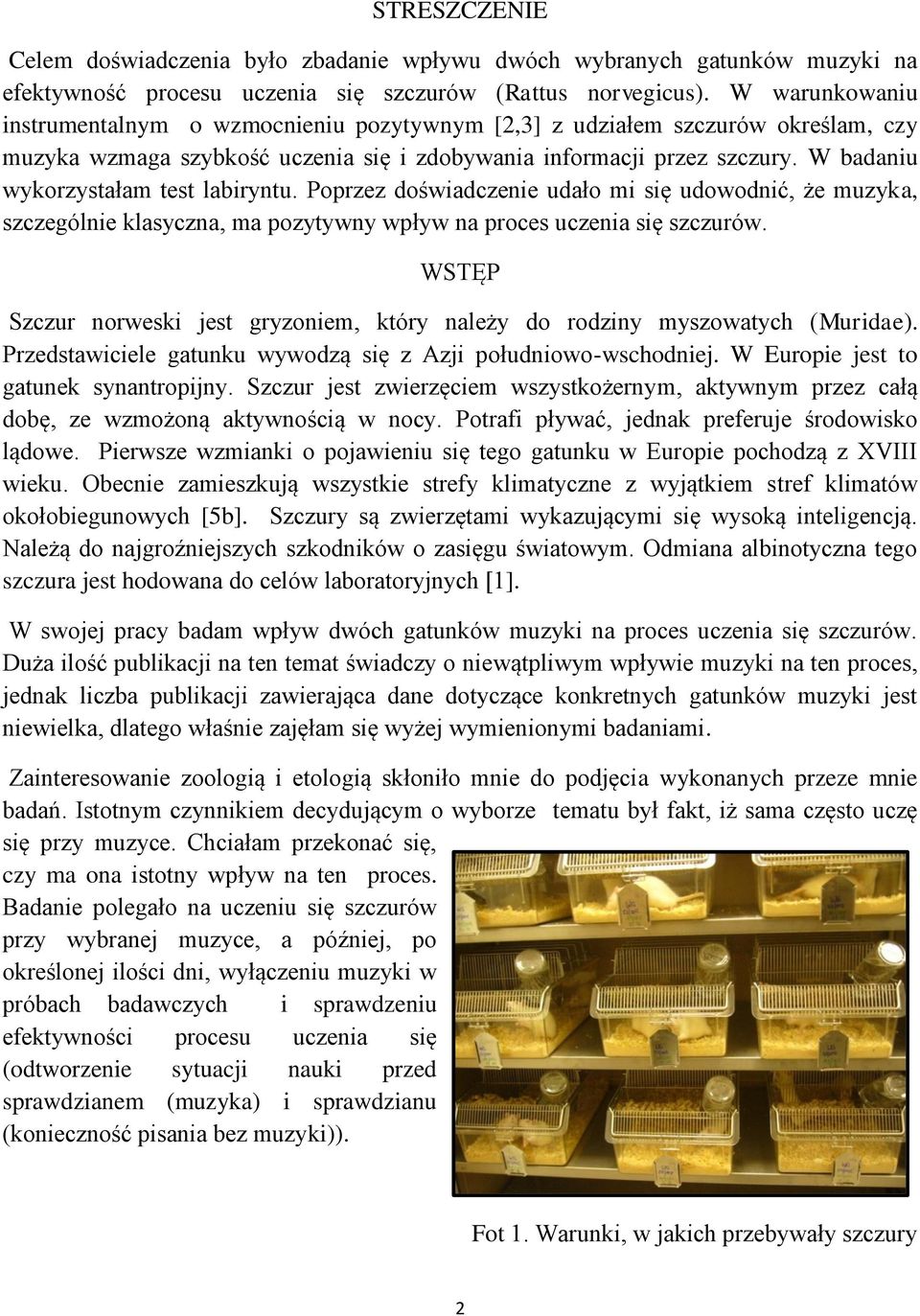 W badaniu wykorzystałam test labiryntu. Poprzez doświadczenie udało mi się udowodnić, że muzyka, szczególnie klasyczna, ma pozytywny wpływ na proces uczenia się szczurów.