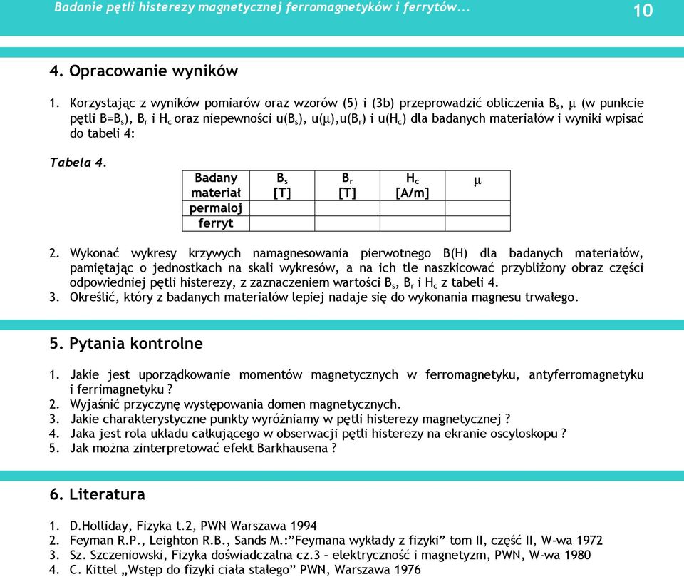 wyniki wpisać do tabeli 4: Tabela 4. Badany materiał permaloj ferryt B s [T] B r [T] H c [A/m] µ 2.