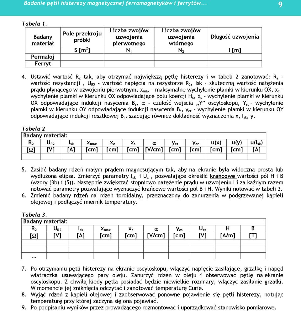 płynącego w uzwojeniu pierwotnym, x max maksymalne wychylenie plamki w kierunku OX, x c wychylenie plamki w kierunku OX odpowiadające polu koercji H c, x s wychylenie plamki w kierunku OX