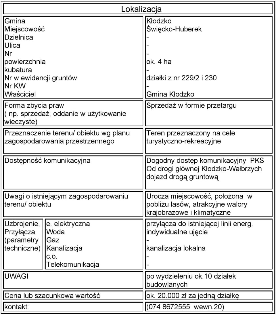 komunikacyjny PKS Od drogi głównej Wałbrzych dojazd drogą gruntową Urocza miejscowość, położona w pobliżu lasów,