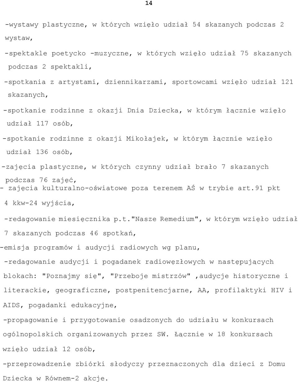 wzięło udział 136 osób, -zajęcia plastyczne, w których czynny udział brało 7 skazanych podczas 76 zajęć, - zajęcia kulturalno-oświatowe poza terenem AŚ w trybie art.