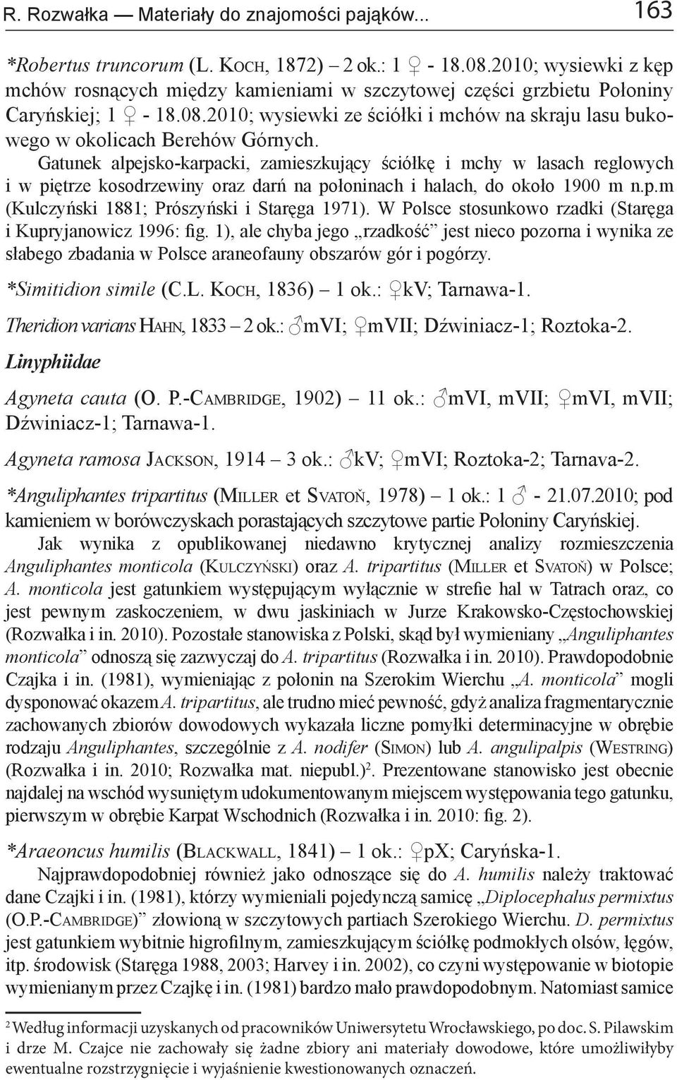 Gatunek alpejsko-karpacki, zamieszkujący ściółkę i mchy w lasach reglowych i w piętrze kosodrzewiny oraz darń na połoninach i halach, do około m n.p.m (Kulczyński ; Prószyński i Staręga ).