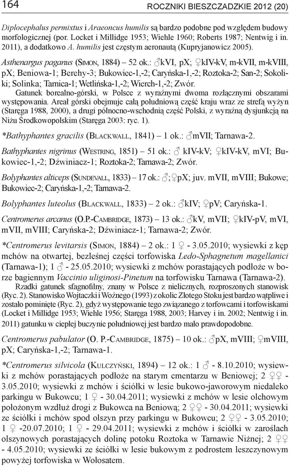 : kvi, px; kiv-kv, m-kvii, m-kviii, px; Beniowa-; Berehy-; Bukowiec-,-; Caryńska-,-; Roztoka-; San-; Sokoliki; Solinka; Tarnica-; Wetlińska-,-; Wierch-,-; Zwór.