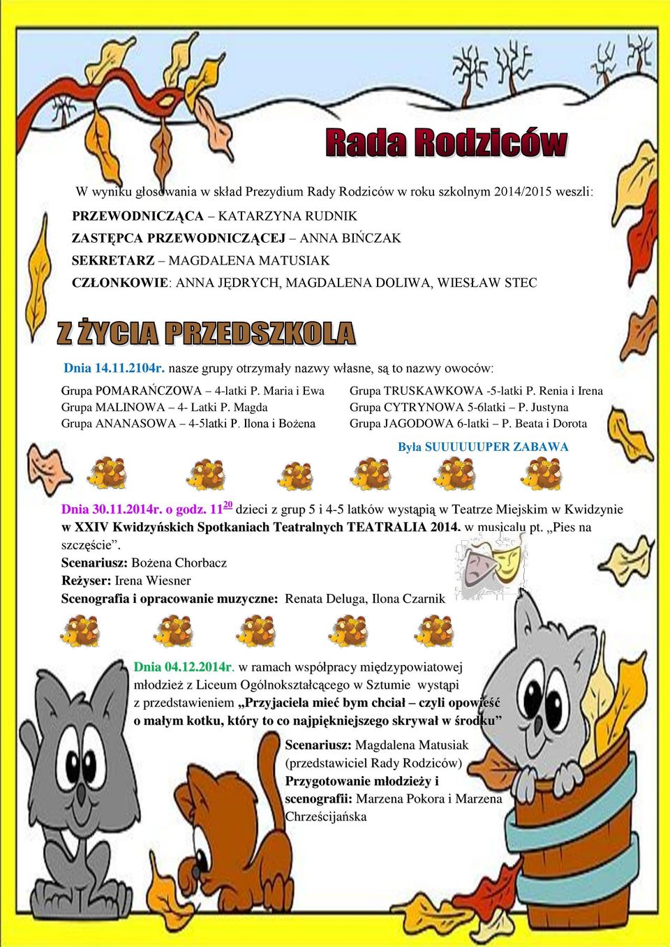 Magda Grupa ANANASOWA 4-5latki P. Ilona i Bożena Grupa TRUSKAWKOWA -5-latki P. Renia i Irena Grupa CYTRYNOWA 5-6latki P. Justyna Grupa JAGODOWA 6-latki P.