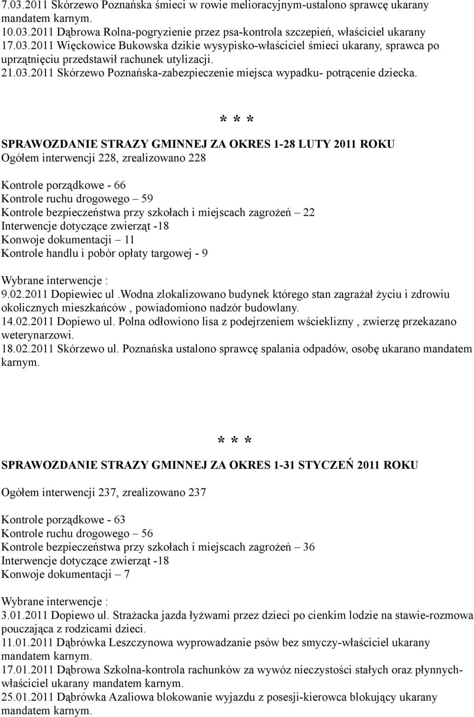 SPRAWOZDANIE STRAZY GMINNEJ ZA OKRES 1-28 LUTY 2011 ROKU Ogółem interwencji 228, zrealizowano 228 Kontrole porządkowe - 66 Kontrole ruchu drogowego 59 Kontrole bezpieczeństwa przy szkołach i