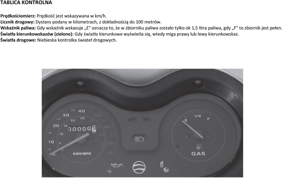 Wskaźnik paliwa: Gdy wskaźnik wskazuje E" oznacza to, że w zbiorniku paliwa zostało tylko ok 1,5 litra paliwa,