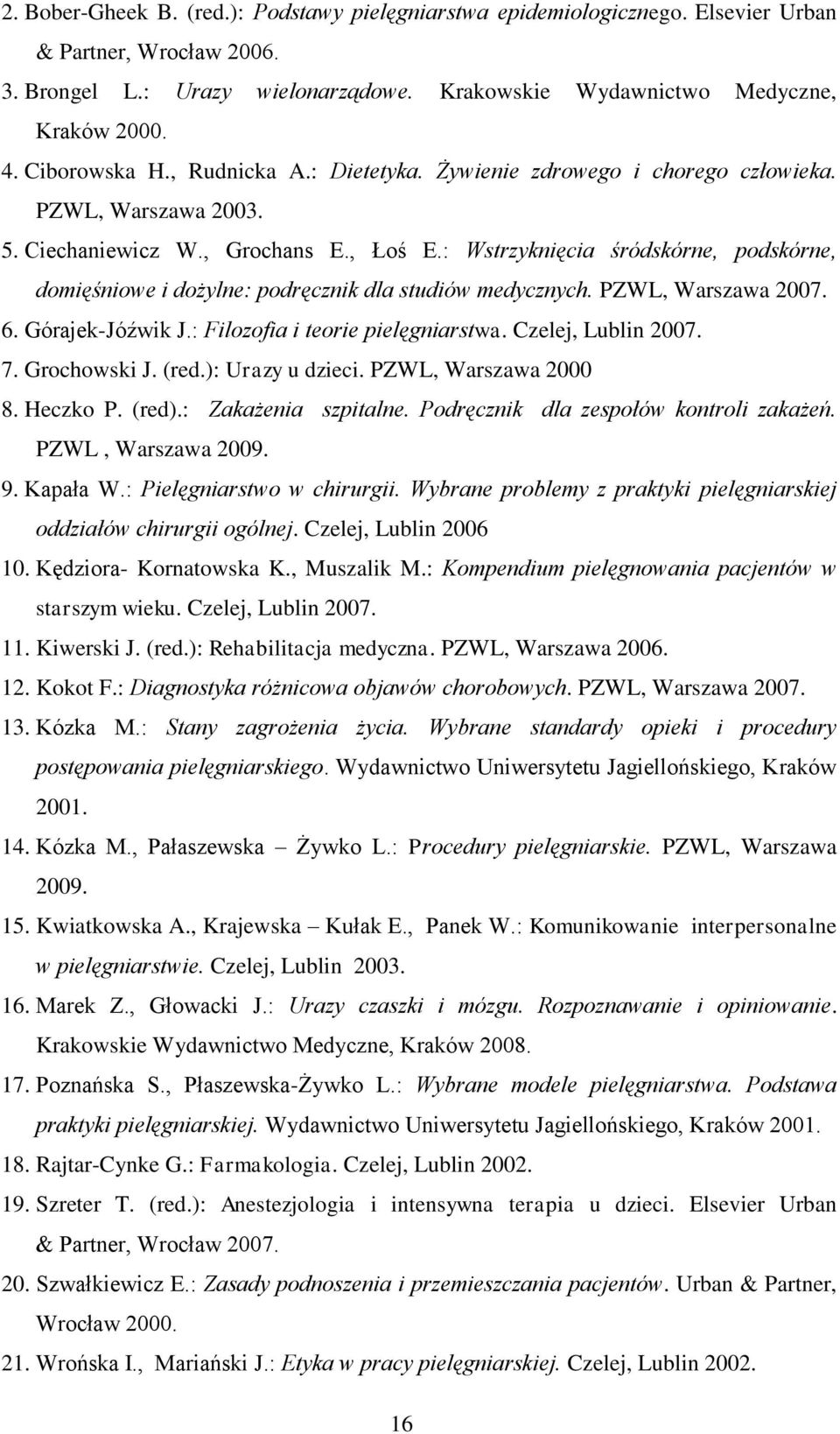 : Wstrzyknięcia śródskórne, podskórne, domięśniowe i dożylne: podręcznik dla studiów medycznych. PZWL, Warszawa 2007. 6. Górajek-Jóźwik J.: Filozofia i teorie pielęgniarstwa. Czelej, Lublin 2007. 7.