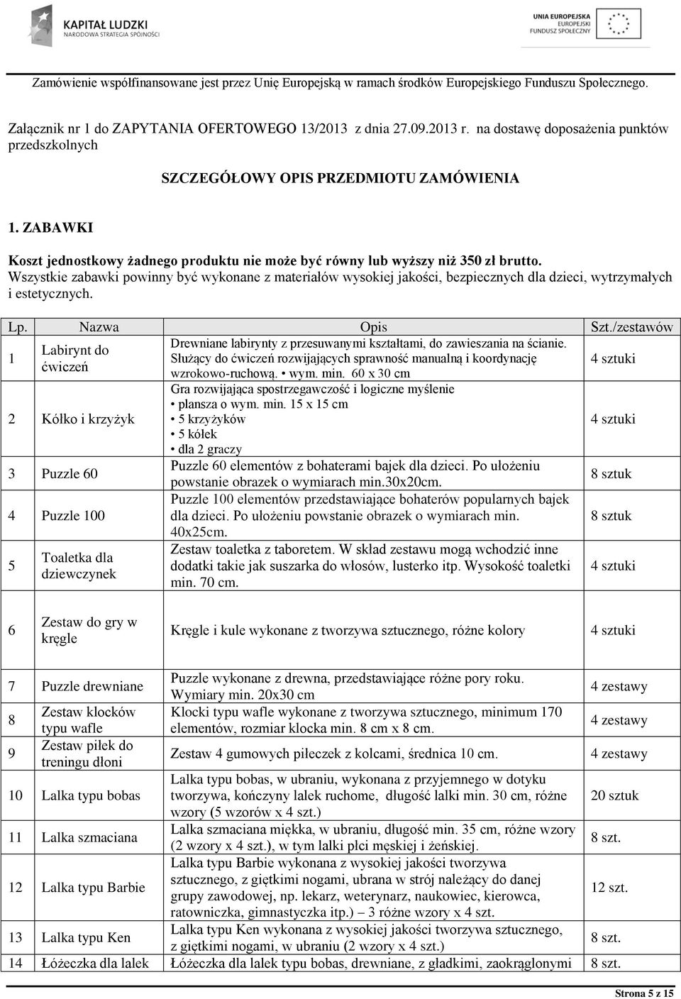 Wszystkie zabawki powinny być wykonane z materiałów wysokiej jakości, bezpiecznych dla dzieci, wytrzymałych i estetycznych. Lp. Nazwa Opis Szt.