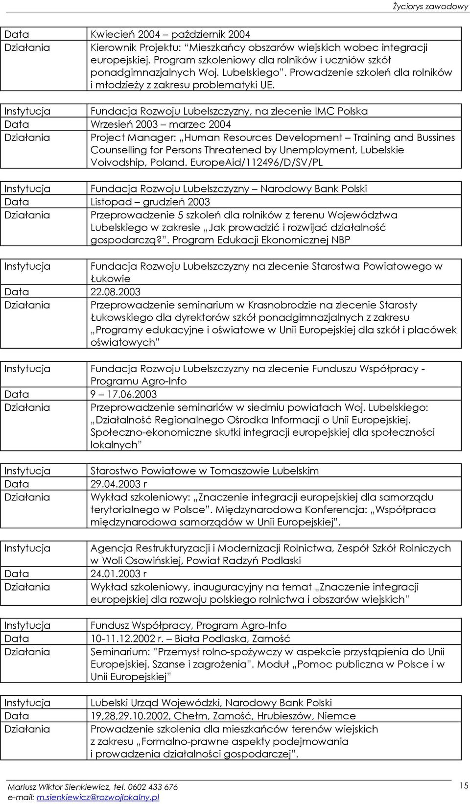 Fundacja Rozwoju Lubelszczyzny, na zlecenie IMC Wrzesień 2003 marzec 2004 Project Manager: Human Resources Development Training and Bussines Counselling for Persons Threatened by Unemployment,