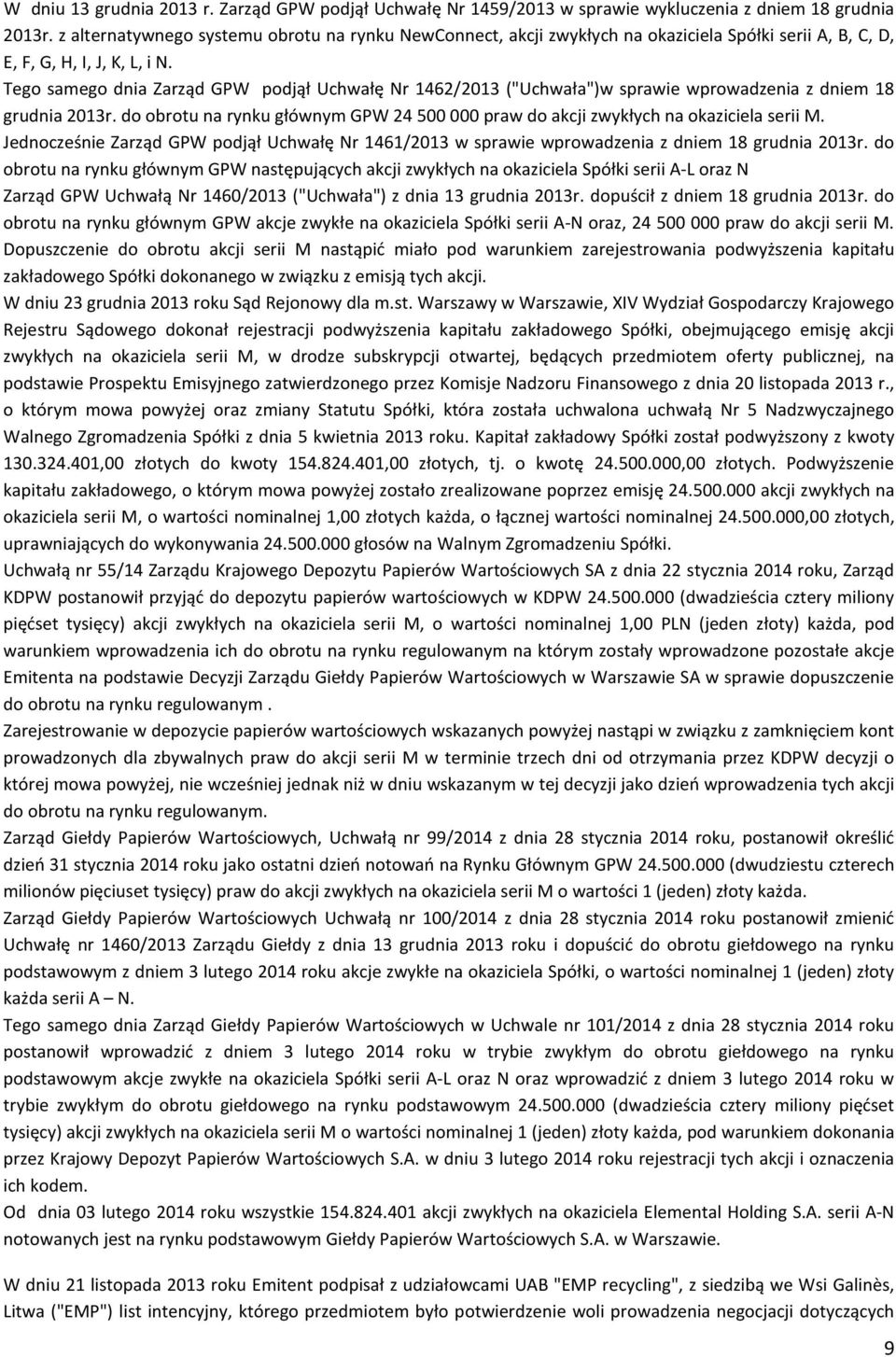Tego samego dnia Zarząd GPW podjął Uchwałę Nr 1462/2013 ("Uchwała")w sprawie wprowadzenia z dniem 18 grudnia 2013r.