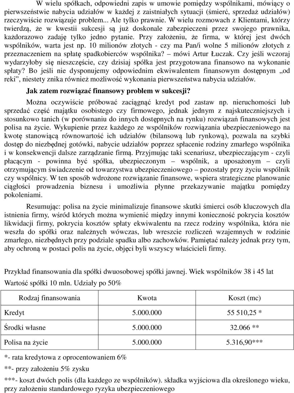 Przy założeniu, że firma, w której jest dwóch wspólników, warta jest np. 10 milionów złotych - czy ma Pan/i wolne 5 milionów złotych z przeznaczeniem na spłatę spadkobierców wspólnika?