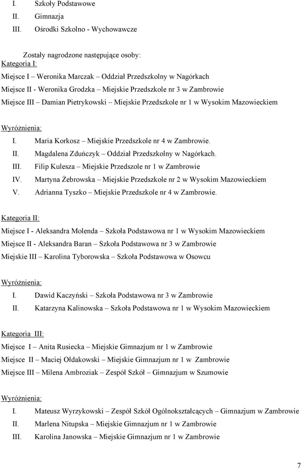 Zambrowie Miejsce III Damian Pietrykowski Miejskie Przedszkole nr 1 w Wysokim Mazowieckiem Wyróżnienia: I. Maria Korkosz Miejskie Przedszkole nr 4 w Zambrowie. II. Magdalena Zduńczyk Oddział Przedszkolny w Nagórkach.