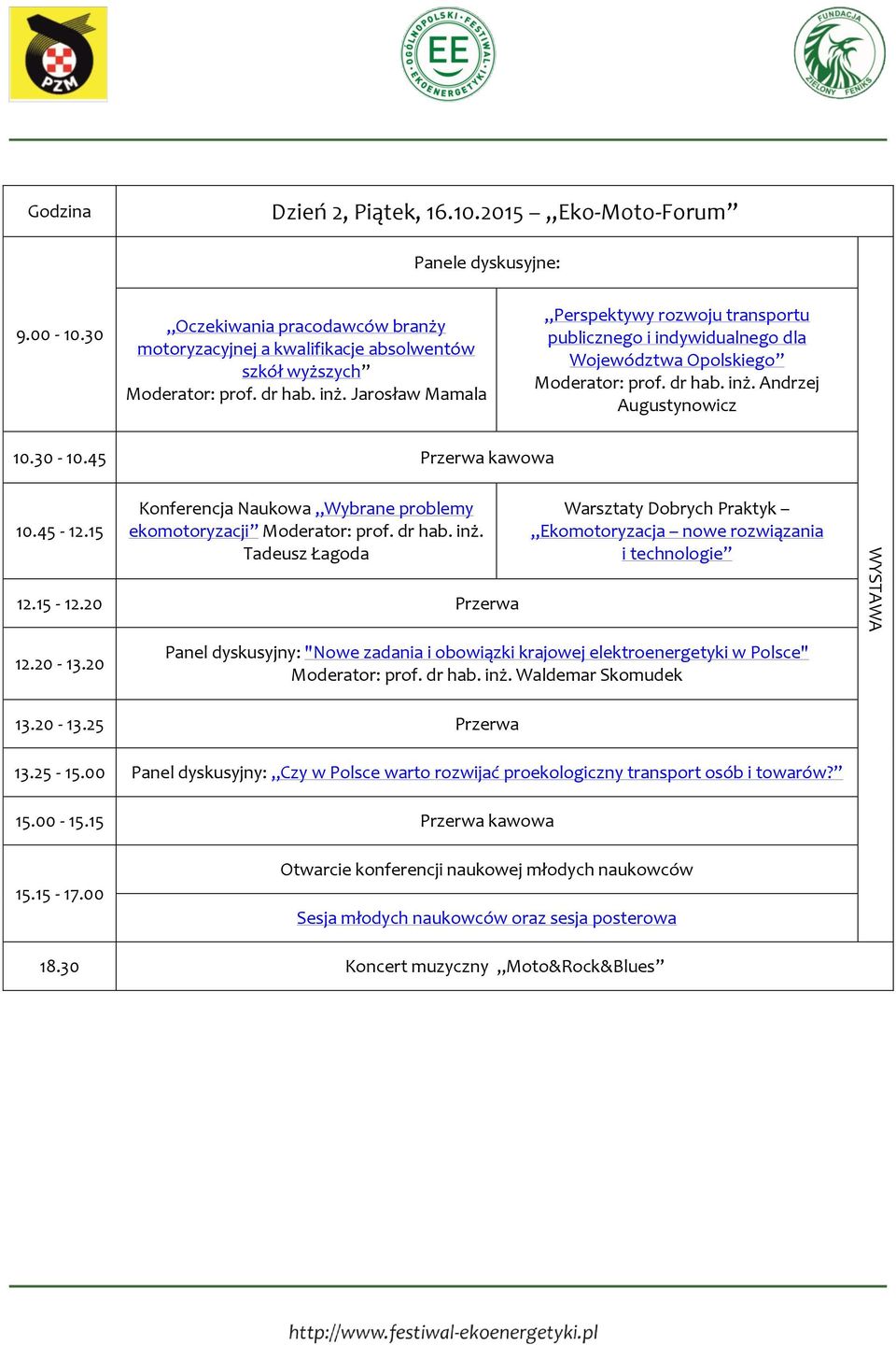 45-12.15 Konferencja Naukowa Wybrane problemy ekomotoryzacji Moderator: prof. dr hab. inż. Tadeusz Łagoda Warsztaty Dobrych Praktyk Ekomotoryzacja nowe rozwiązania i technologie 12.15-12.