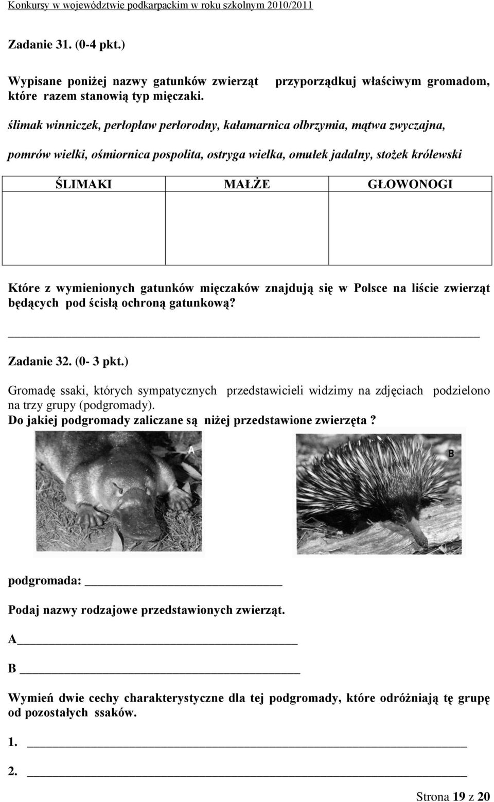 ŚLIMAKI MAŁŻE GŁOWONOGI Które z wymienionych gatunków mięczaków znajdują się w Polsce na liście zwierząt będących pod ścisłą ochroną gatunkową? Zadanie 32. (0-3 pkt.