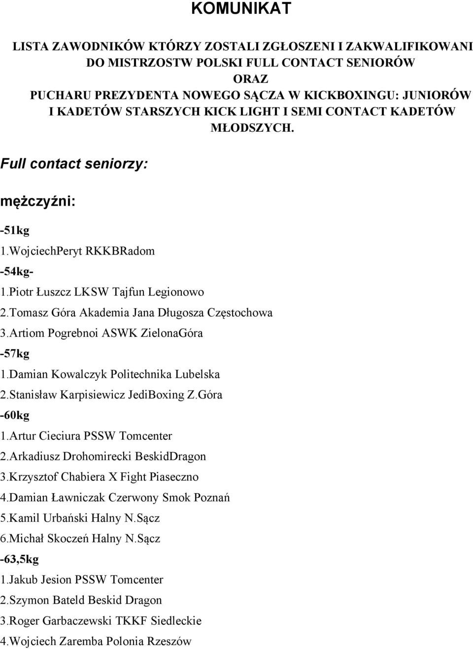 Tomasz Góra Akademia Jana Długosza Częstochowa 3.Artiom Pogrebnoi ASWK ZielonaGóra -57kg 1.Damian Kowalczyk Politechnika Lubelska 2.Stanisław Karpisiewicz JediBoxing Z.Góra -60kg 1.