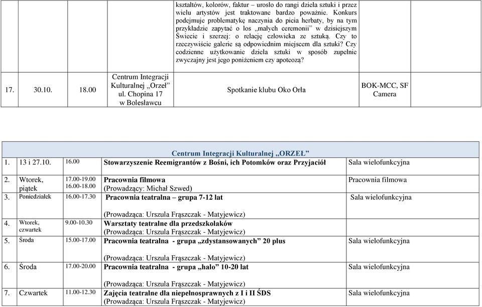 Czy to rzeczywiście galerie są odpowiednim miejscem dla sztuki? Czy codzienne użytkowanie dzieła sztuki w sposób zupełnie zwyczajny jest jego poniżeniem czy apoteozą? 17. 30.10. 18.