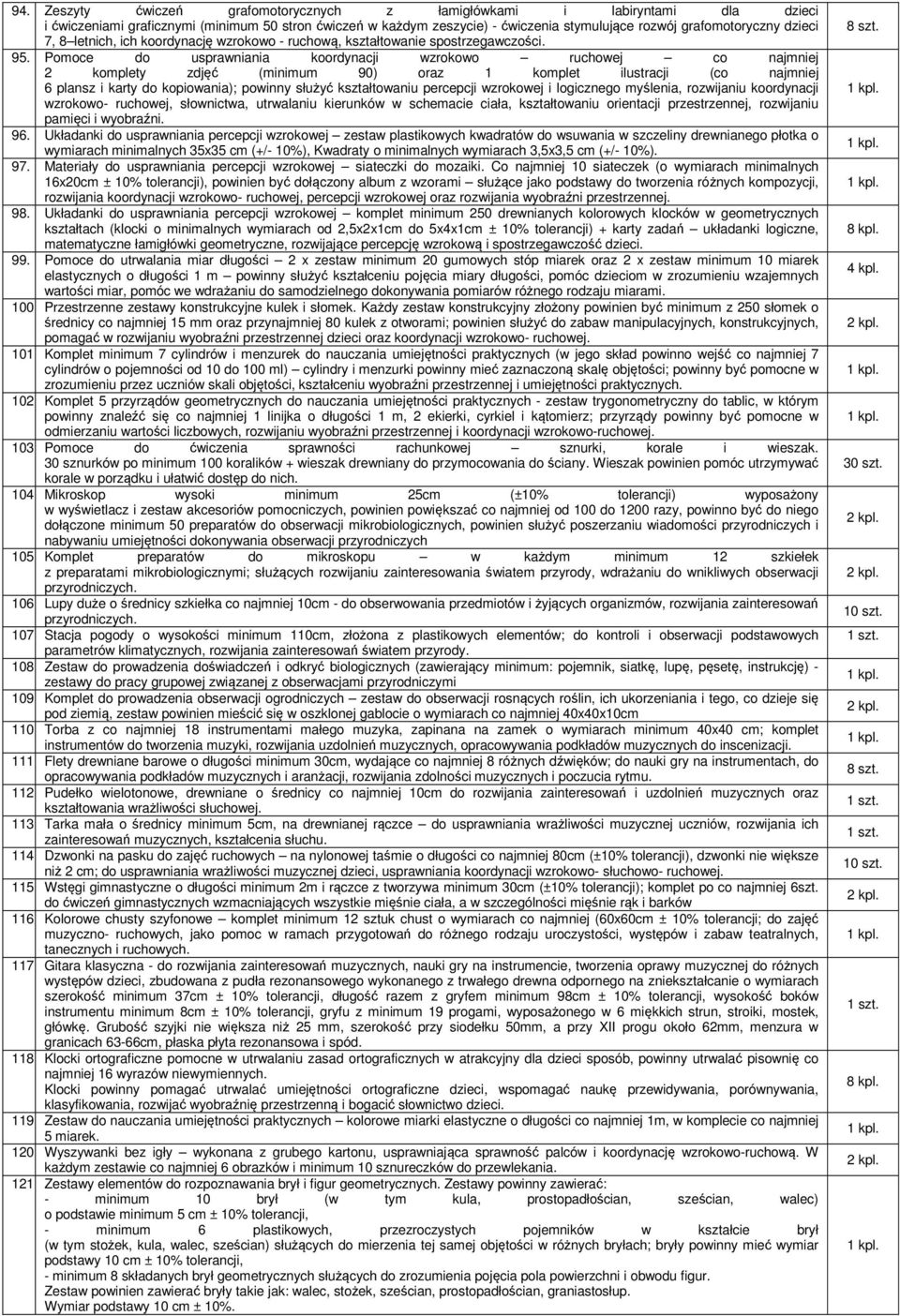 Pomoce do usprawniania koordynacji wzrokowo ruchowej co najmniej 2 komplety zdjęć (minimum 90) oraz 1 komplet ilustracji (co najmniej 6 plansz i karty do kopiowania); powinny służyć kształtowaniu