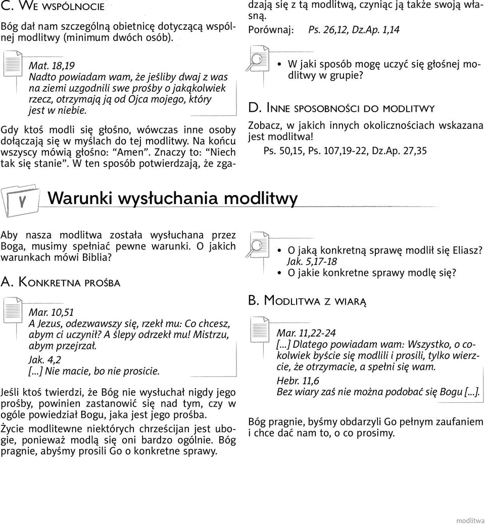 Gdy ktoś modli się głośno, wówczas inne osoby dołączają się w myślach do tej modlitwy. Na końcu wszyscy mówią głośno: Amen. Znaczy to: Niech tak się stanie.
