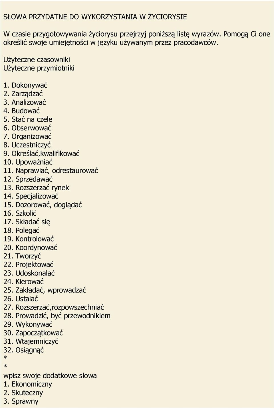 Naprawiać, odrestaurować 12. Sprzedawać 13. Rozszerzać rynek 14. Specjalizować 15. Dozorować, doglądać 16. Szkolić 17. Składać się 18. Polegać 19. Kontrolować 20. Koordynować 21. Tworzyć 22.