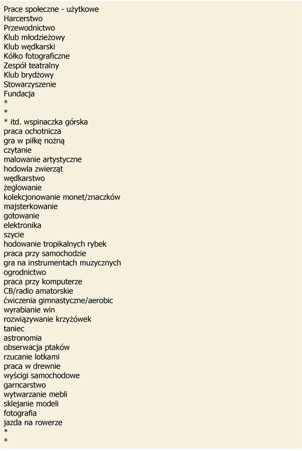 elektronika szycie hodowanie tropikalnych rybek praca przy samochodzie gra na instrumentach muzycznych ogrodnictwo praca przy komputerze CB/radio amatorskie ćwiczenia