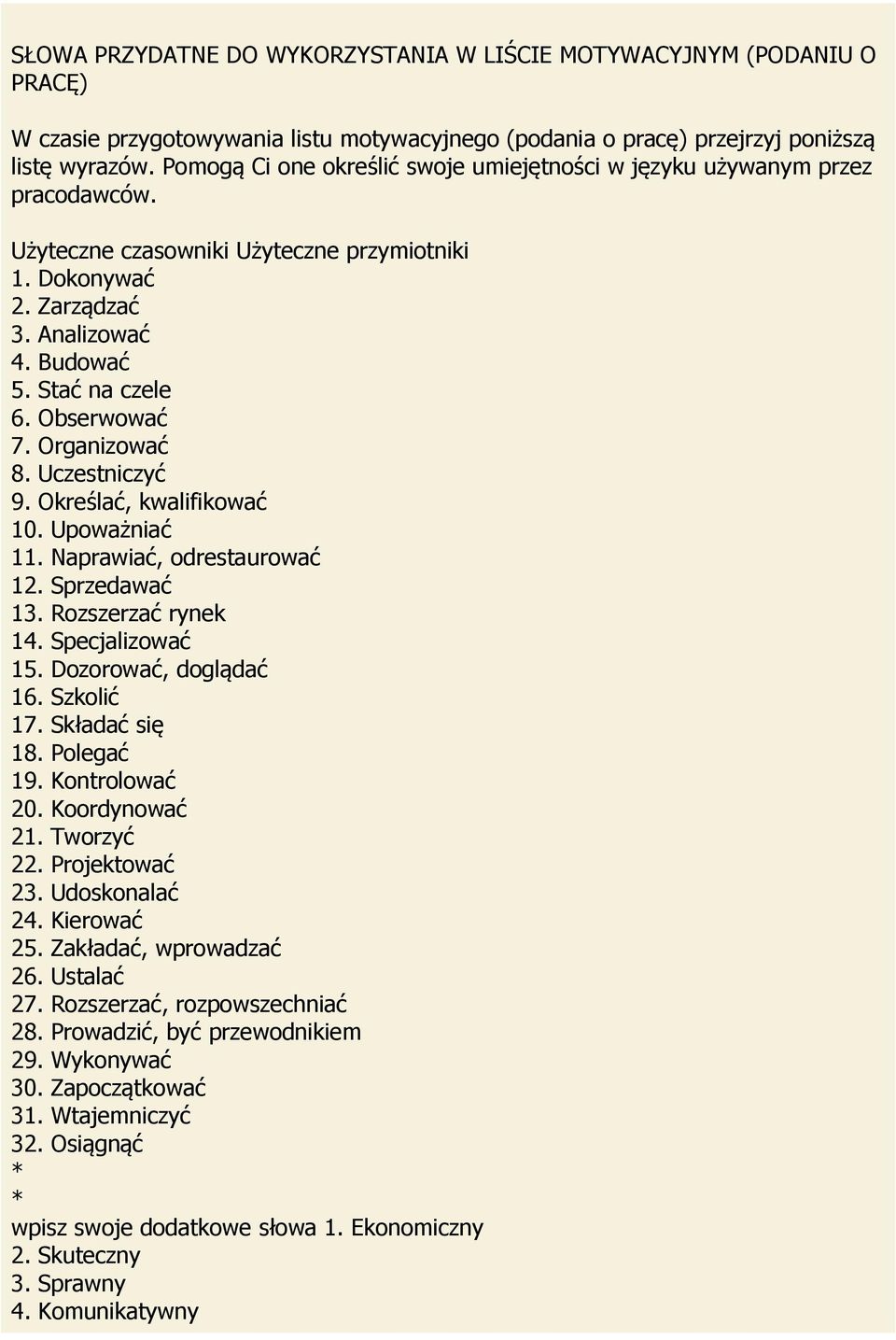 Obserwować 7. Organizować 8. Uczestniczyć 9. Określać, kwalifikować 10. Upoważniać 11. Naprawiać, odrestaurować 12. Sprzedawać 13. Rozszerzać rynek 14. Specjalizować 15. Dozorować, doglądać 16.