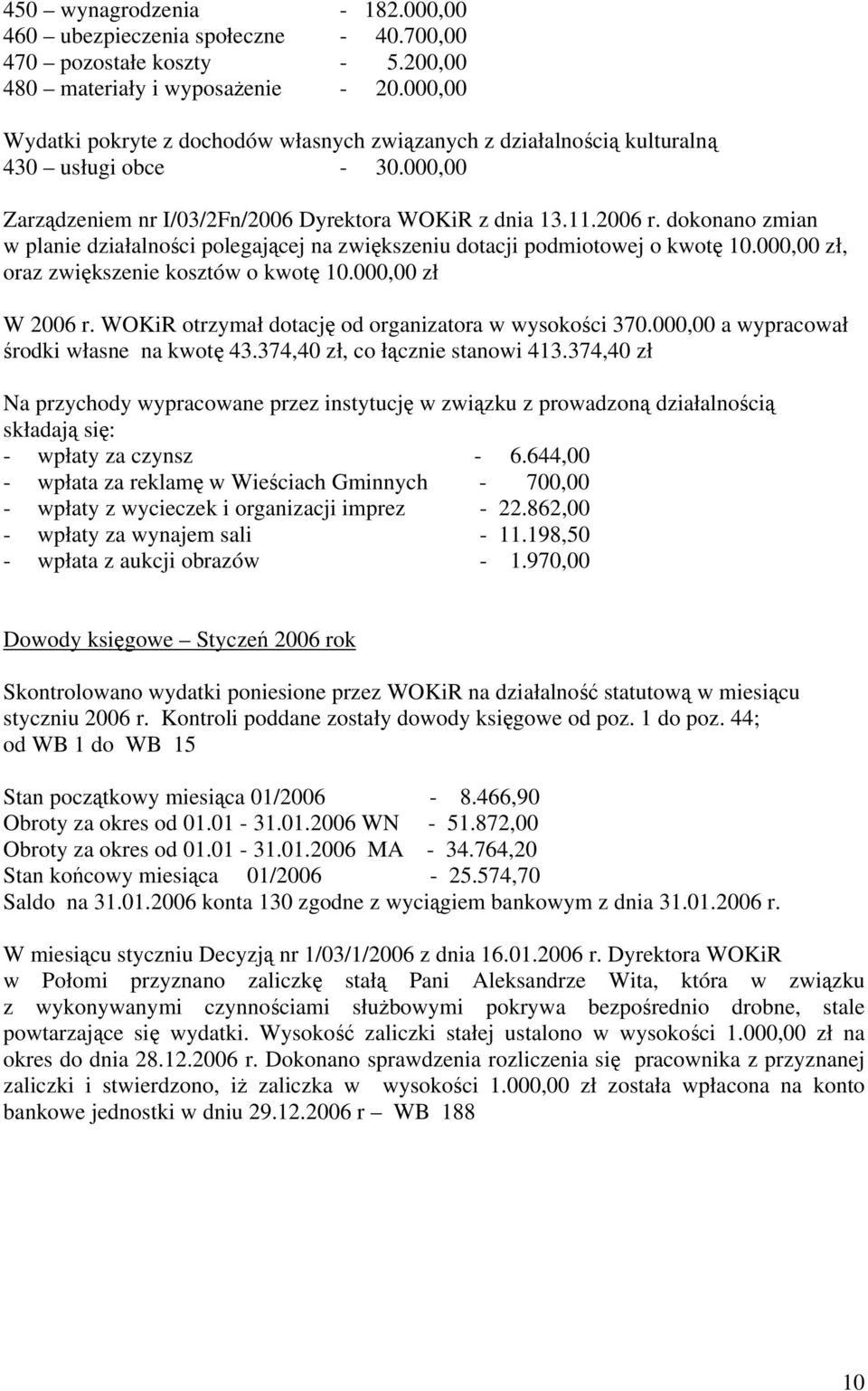 dokonano zmian w planie działalności polegającej na zwiększeniu dotacji podmiotowej o kwotę 10.000,00 zł, oraz zwiększenie kosztów o kwotę 10.000,00 zł W 2006 r.