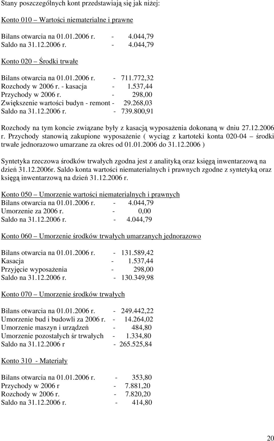 800,91 Rozchody na tym koncie związane były z kasacją wyposażenia dokonaną w dniu 27.12.2006 r.