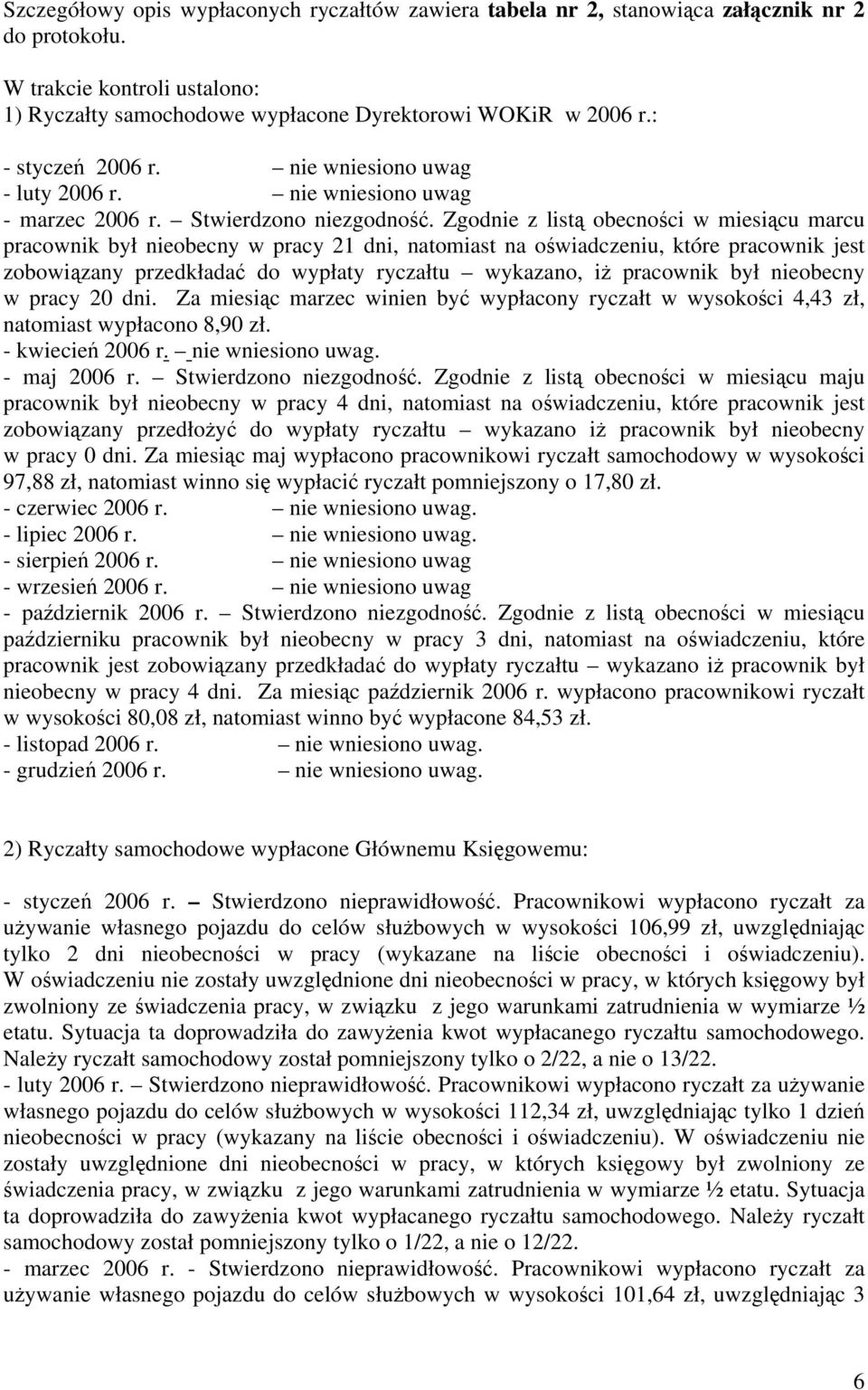 Zgodnie z listą obecności w miesiącu marcu pracownik był nieobecny w pracy 21 dni, natomiast na oświadczeniu, które pracownik jest zobowiązany przedkładać do wypłaty ryczałtu wykazano, iż pracownik