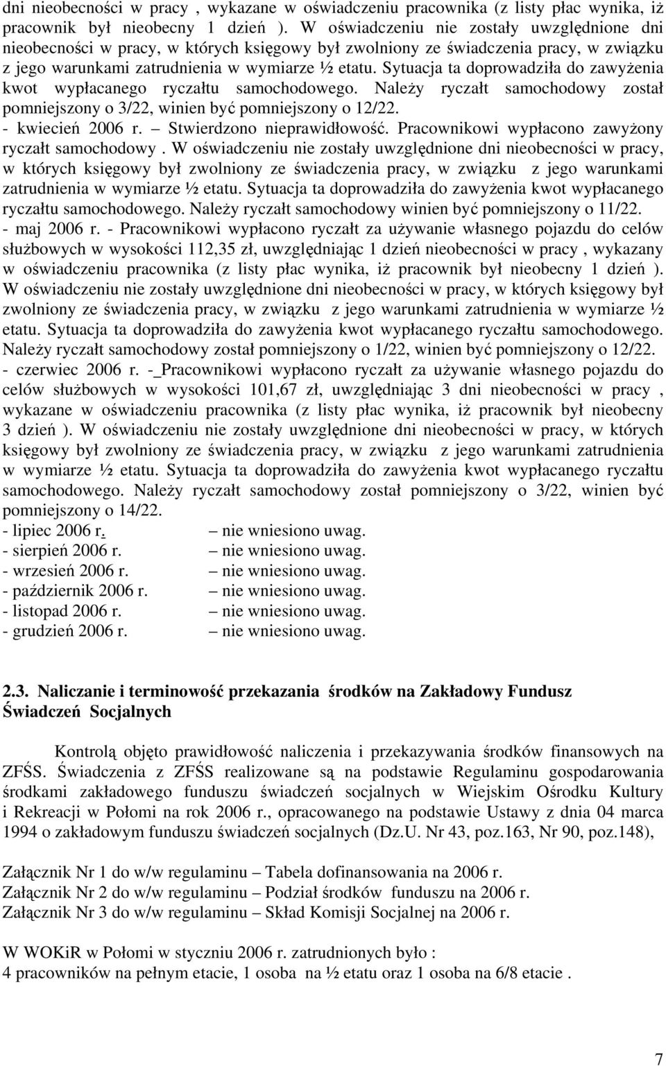 Sytuacja ta doprowadziła do zawyżenia kwot wypłacanego ryczałtu samochodowego. Należy ryczałt samochodowy został pomniejszony o 3/22, winien być pomniejszony o 12/22. - kwiecień 2006 r.