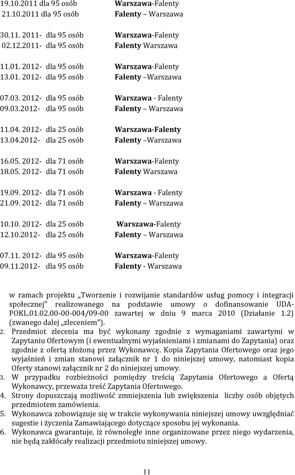 05. 2012- dla 71 osób Warszawa-Falenty 18.05. 2012- dla 71 osób Falenty Warszawa 19.09. 2012- dla 71 osób Warszawa - Falenty 21.09. 2012- dla 71 osób Falenty Warszawa 10.