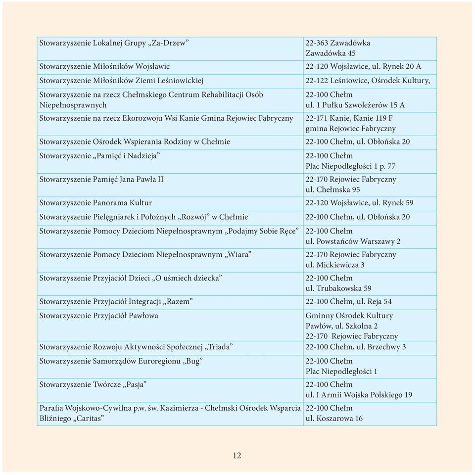 1 Pułku Szwoleżerów 15 A 22-171 Kanie, Kanie 119 F gmina Rejowiec Fabryczny Stowarzyszenie Ośrodek Wspierania Rodziny w Chełmie, ul.