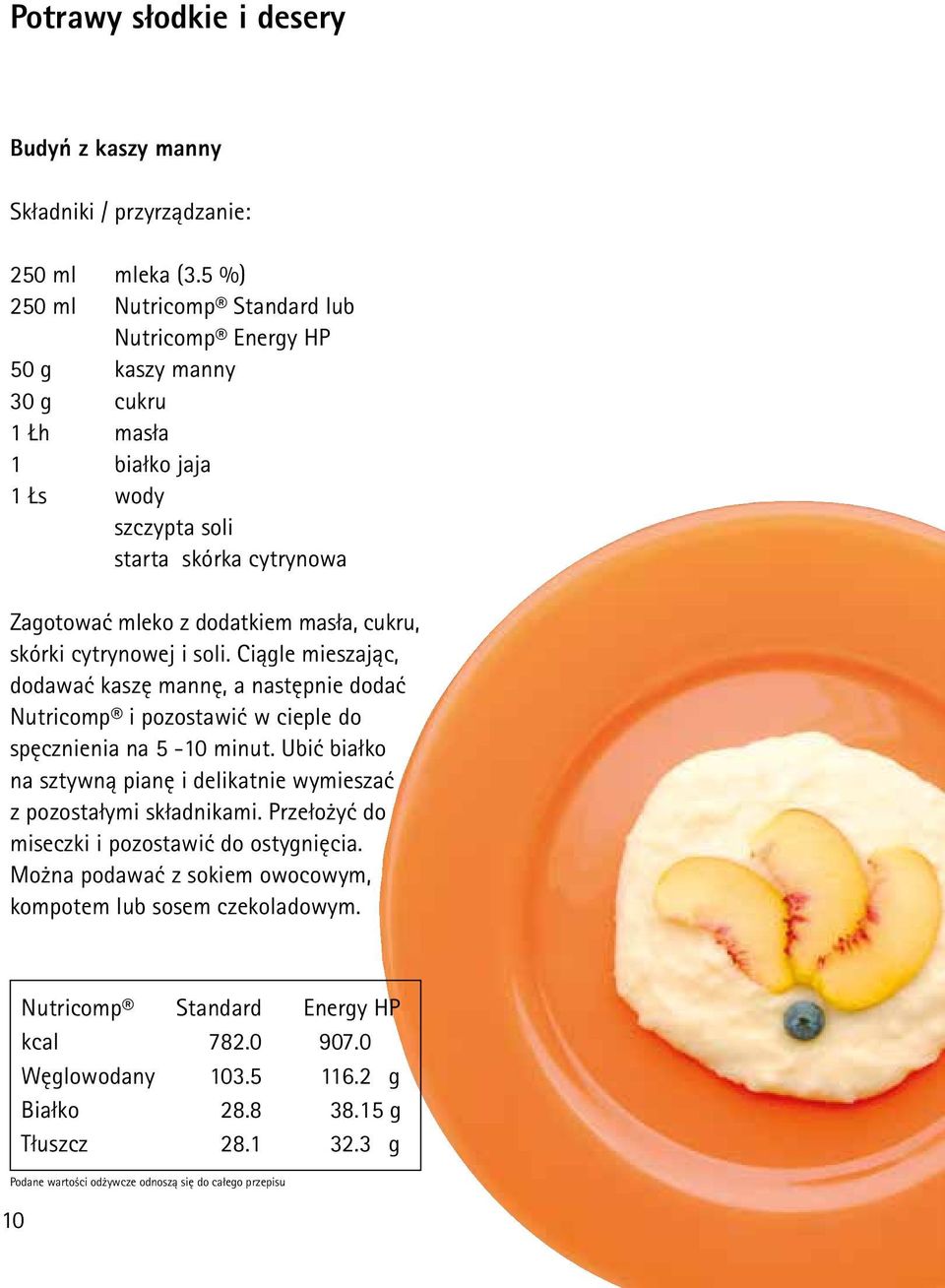 masła, cukru, skórki cytrynowej i soli. Ciągle mieszając, dodawać kaszę mannę, a następnie dodać Nutricomp i pozostawić w cieple do spęcznienia na 5-10 minut.