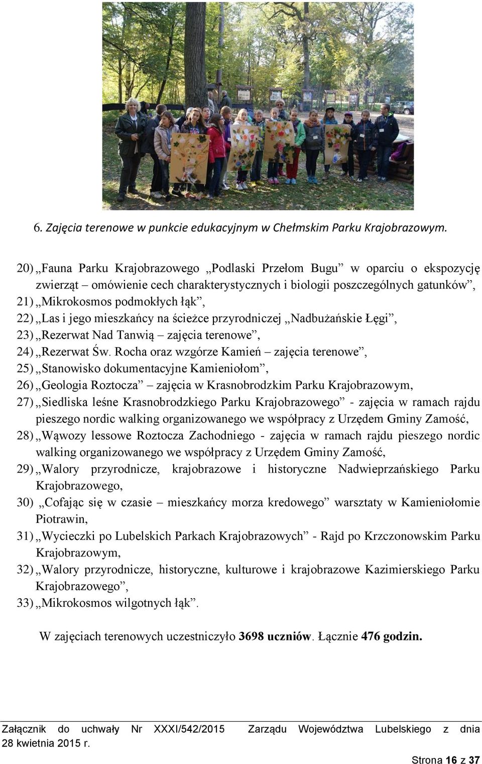 jego mieszkańcy na ścieżce przyrodniczej Nadbużańskie Łęgi, 23) Rezerwat Nad Tanwią zajęcia terenowe, 24) Rezerwat Św.