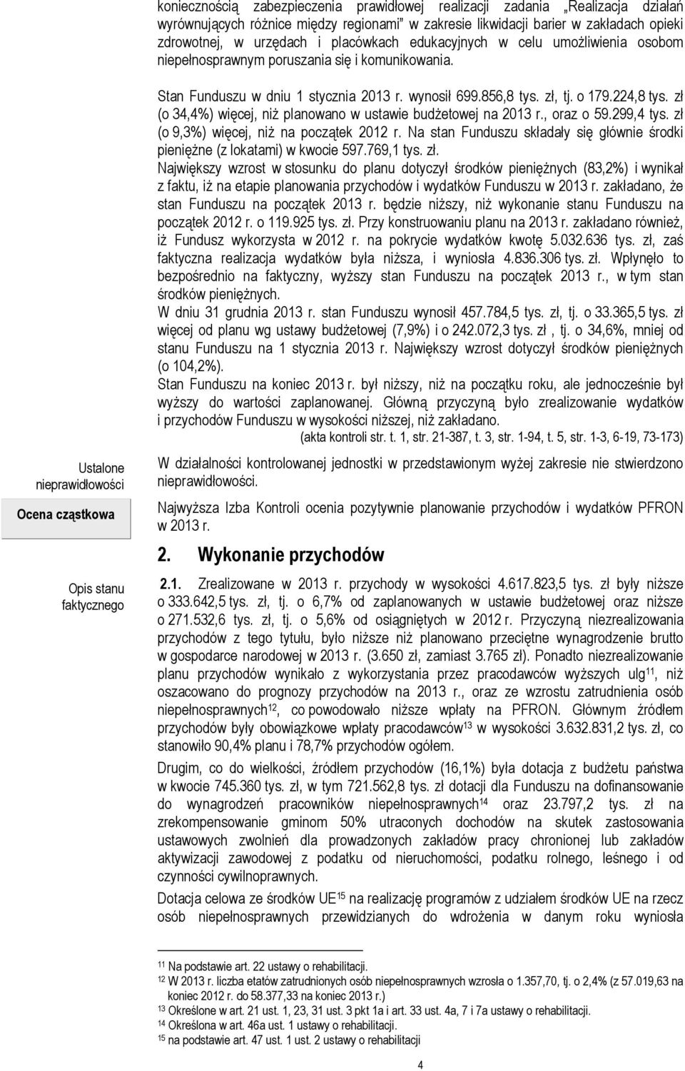 Ustalone nieprawidłowości Ocena cząstkowa Opis stanu faktycznego Stan Funduszu w dniu 1 stycznia 2013 r. wynosił 699.856,8 tys. zł, tj. o 179.224,8 tys.