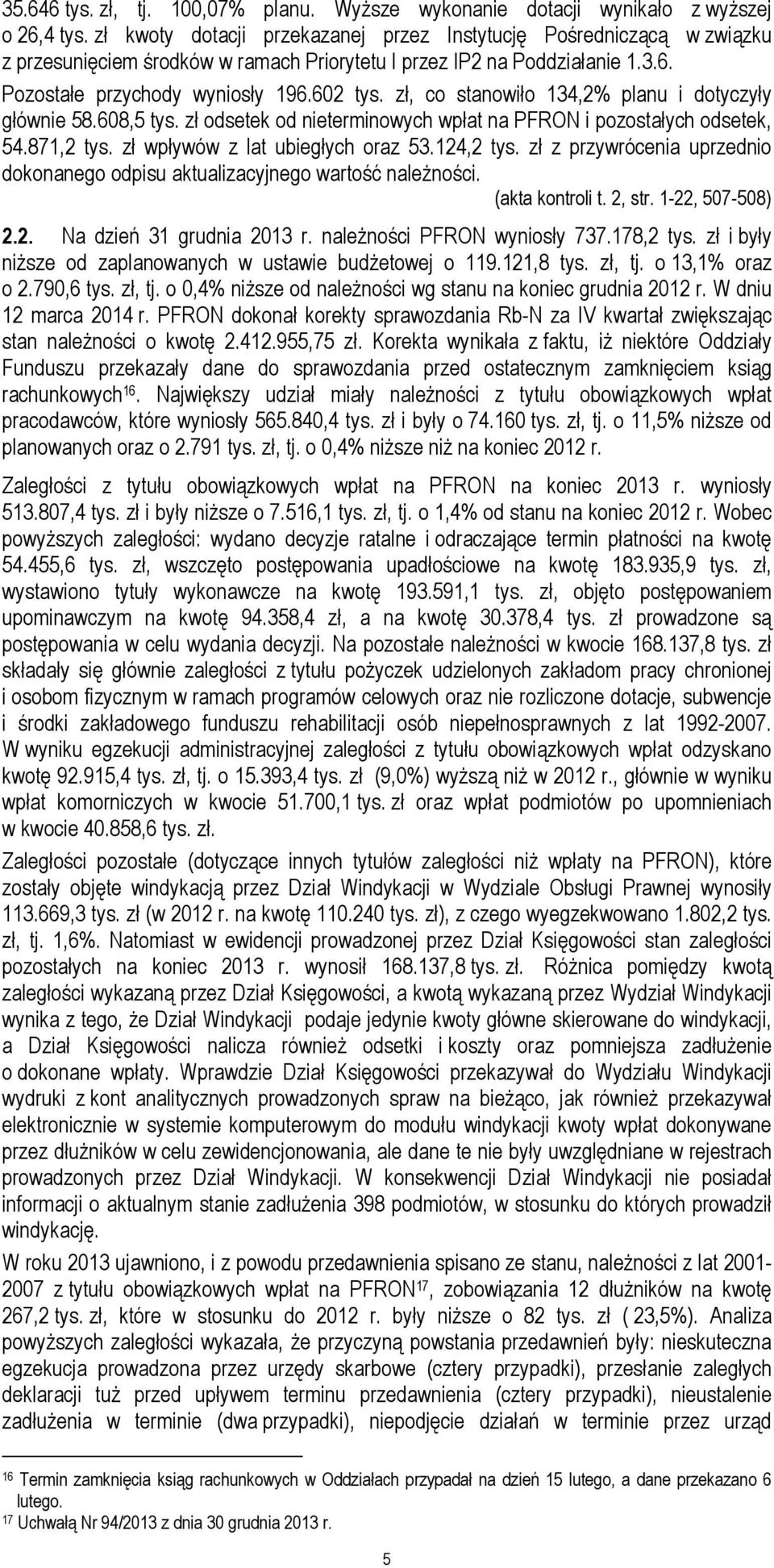 zł, co stanowiło 134,2% planu i dotyczyły głównie 58.608,5 tys. zł odsetek od nieterminowych wpłat na PFRON i pozostałych odsetek, 54.871,2 tys. zł wpływów z lat ubiegłych oraz 53.124,2 tys.