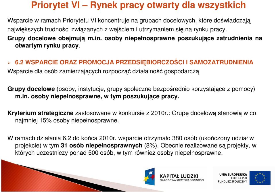 2 WSPARCIE ORAZ PROMOCJA PRZEDSIĘBIORCZOŚCI I SAMOZATRUDNIENIA Wsparcie dla osób zamierzających rozpocząć działalność gospodarczą Grupy docelowe (osoby, instytucje, grupy społeczne bezpośrednio