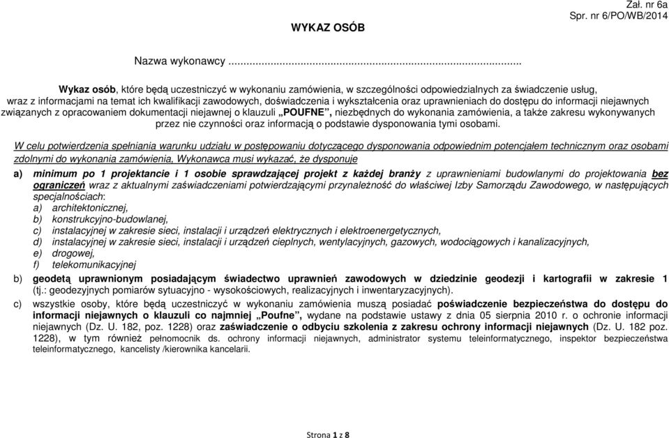 wykształcenia oraz uprawnieniach do dostępu do informacji niejawnych związanych z opracowaniem dokumentacji niejawnej o klauzuli POUFNE, niezbędnych do wykonania zamówienia, a także zakresu