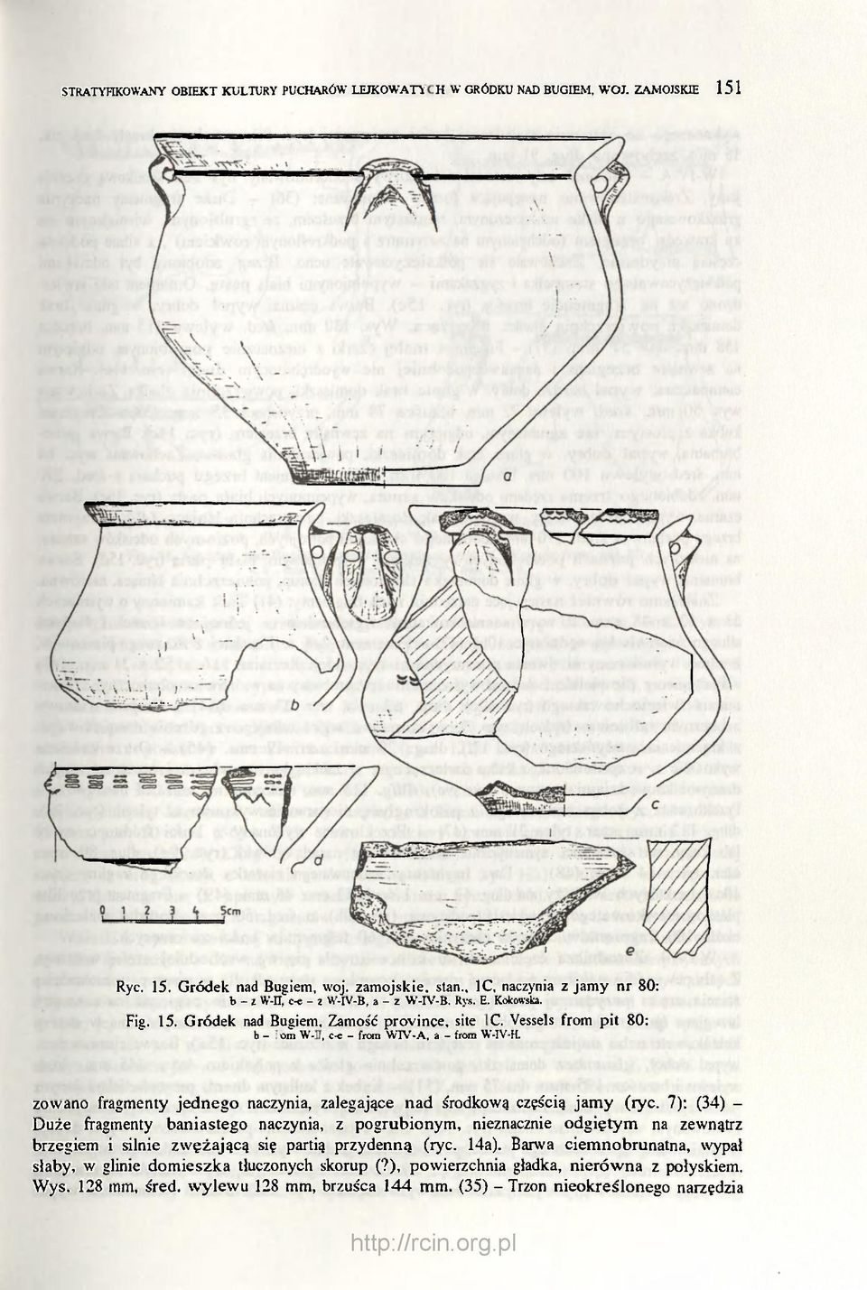 Vessels from pit 80: b - from W-II, c-e - from WIV-A, a - from W-IV-H. zowano fragmenty jednego naczynia, zalegające nad środkową częścią jamy (ryc.