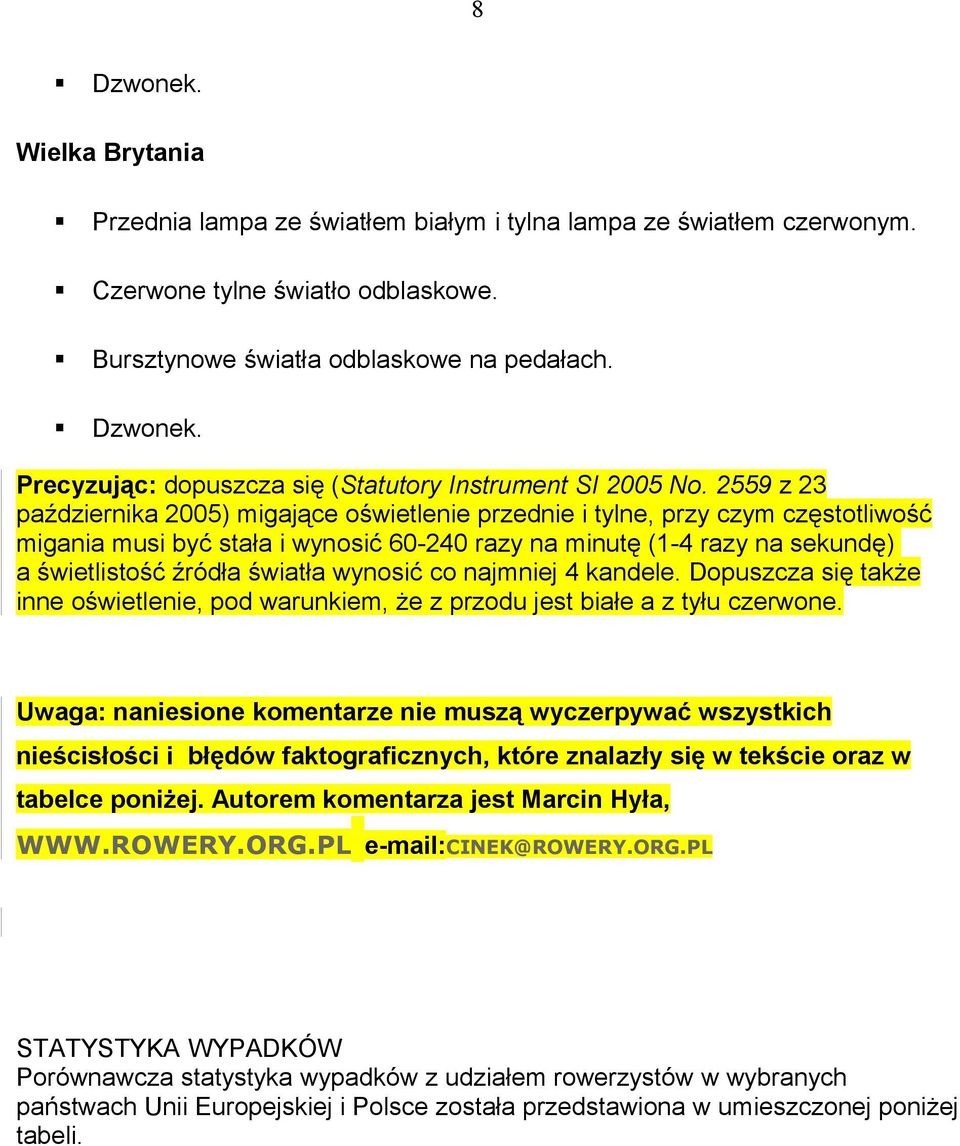 2559 z 23 października 2005) migające oświetlenie przednie i tylne, przy czym częstotliwość migania musi być stała i wynosić 60-240 razy na minutę (1-4 razy na sekundę) a świetlistość źródła światła