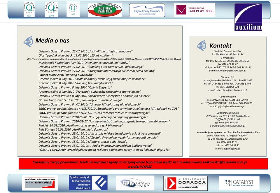 2010 "Ranking Firm Doradztwa Podatkowego" Dziennik Gazeta Prawna 17.02.