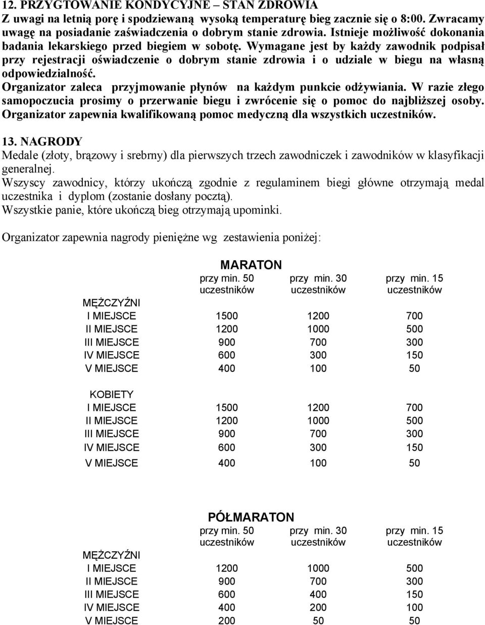Wymagane jest by każdy zawodnik podpisał przy rejestracji oświadczenie o dobrym stanie zdrowia i o udziale w biegu na własną odpowiedzialność.
