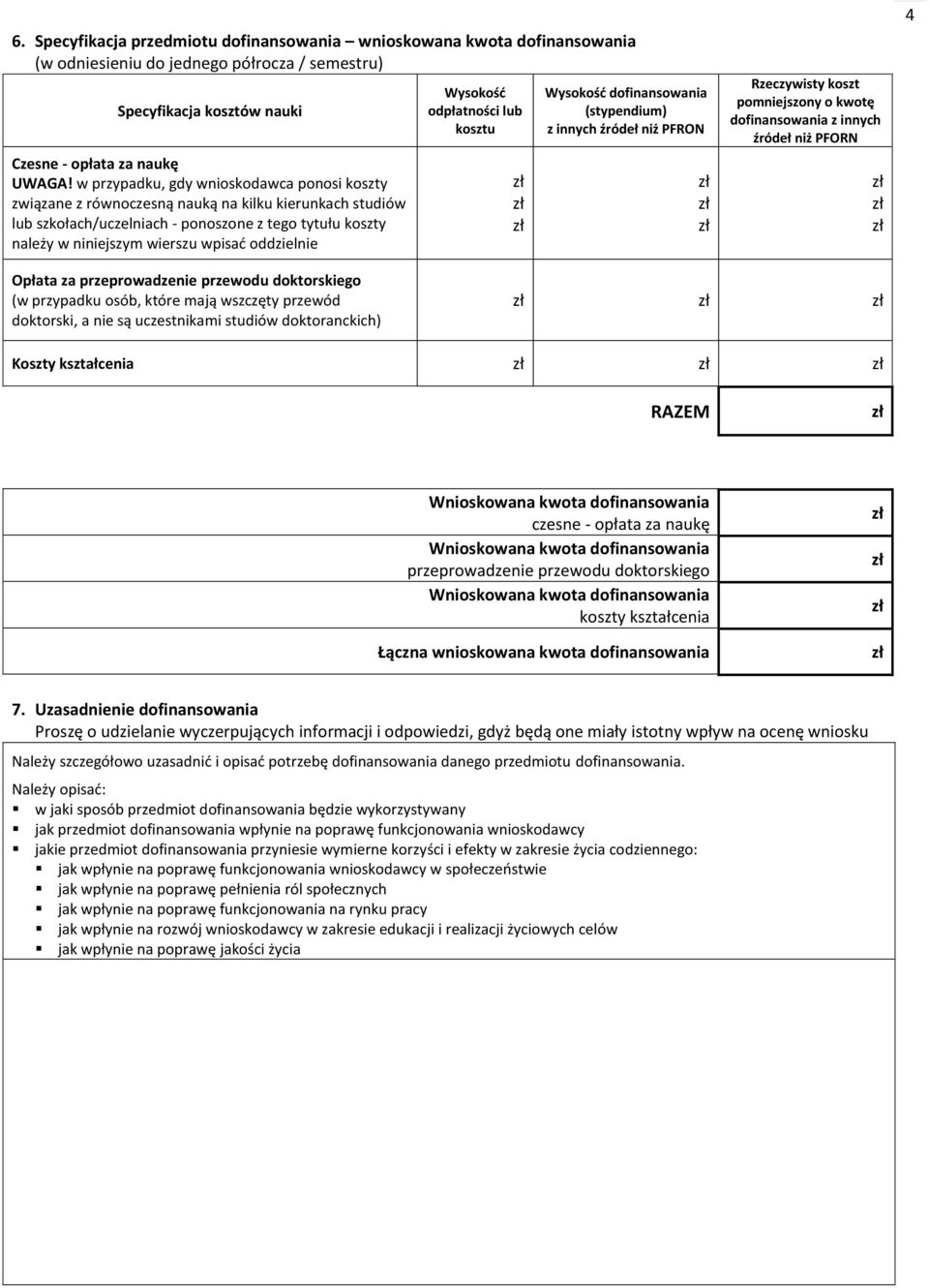 oddzielnie Wysokość odpłatności lub kosztu Wysokość dofinansowania (stypendium) z innych źródeł niż PFRON Rzeczywisty koszt pomniejszony o kwotę dofinansowania z innych źródeł niż PFORN 4 Opłata za