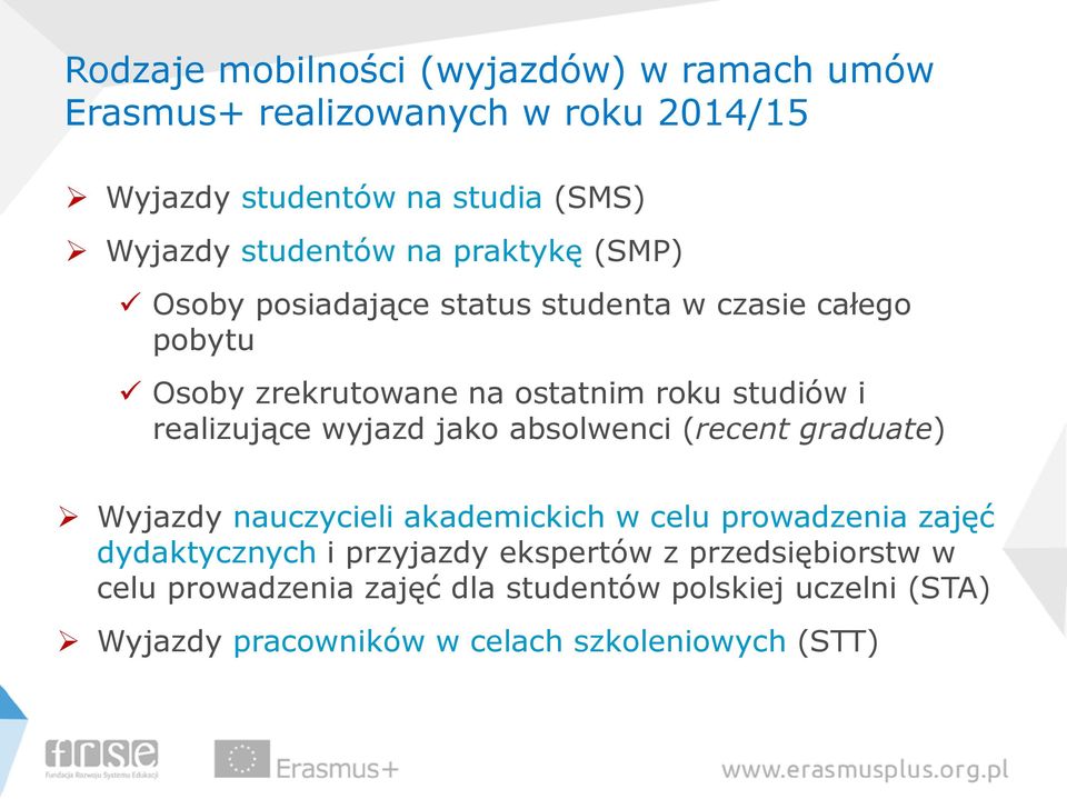 realizujące wyjazd jako absolwenci (recent graduate) Wyjazdy nauczycieli akademickich w celu prowadzenia zajęć dydaktycznych i