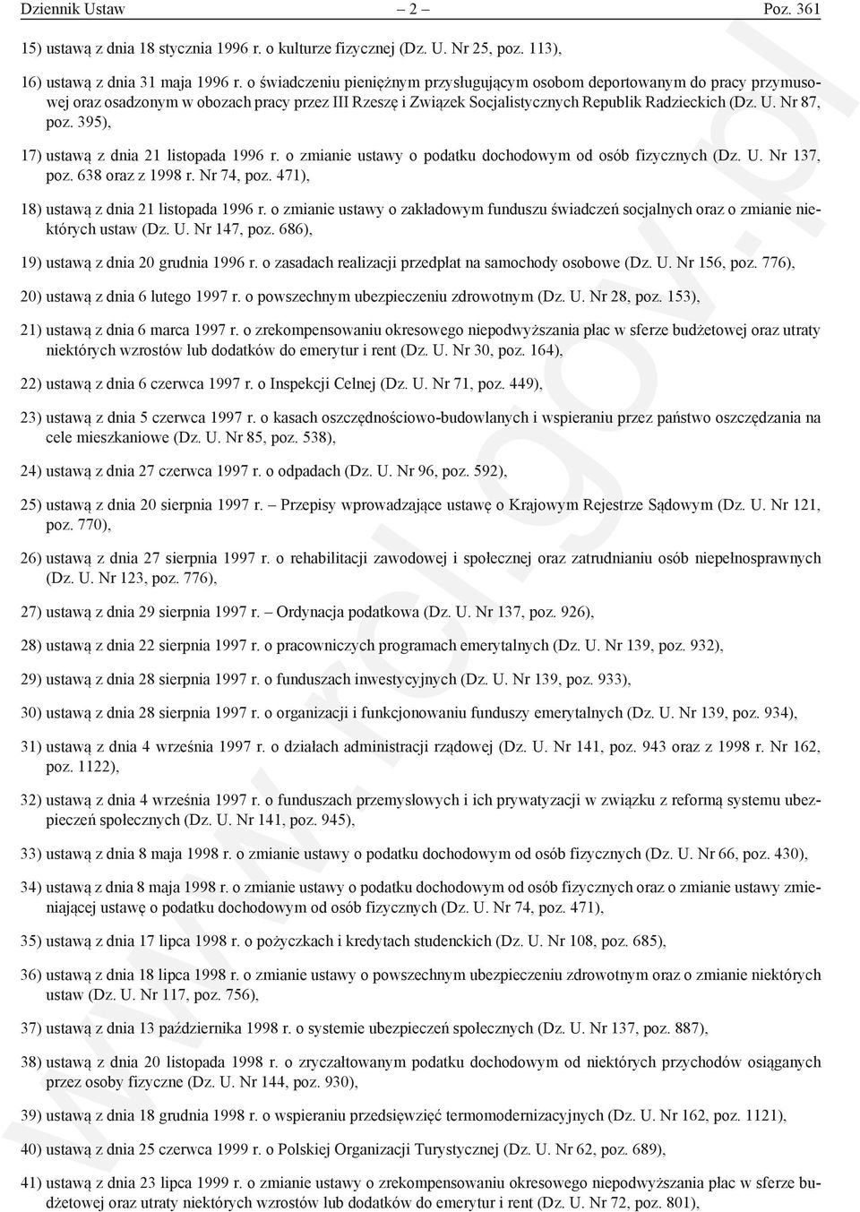 395), 17) ustawą z dnia 21 listopada 1996 r. o zmianie ustawy o podatku dochodowym od osób fizycznych (Dz. U. Nr 137, poz. 638 oraz z 1998 r. Nr 74, poz. 471), 18) ustawą z dnia 21 listopada 1996 r.