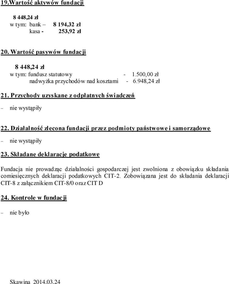 Działalność zlecona fundacji przez podmioty państwowe i samorządowe nie wystąpiły 23.