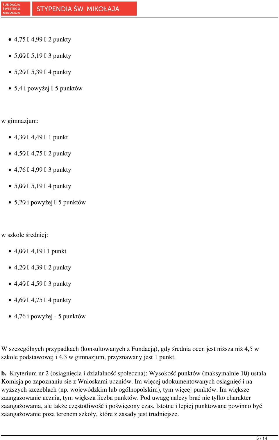 niższa niż 4,5 w szkole podstawowej i 4,3 w gimnazjum, przyznawany jest 1 punkt. b.