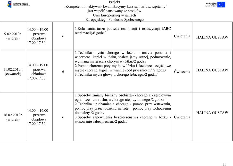 2010r. 1.Sposoby zmiany bielizny osobistej- chorego z częściowym ograniczeniem ruchu, u chorego nieprzytomnego./2 godz./ 2.
